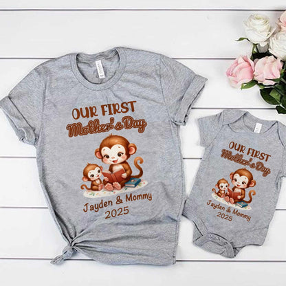Custom Name Our First Mother's Day Parent-Child Matching Outfit, Animals Reading Book Design Mommy T-Shirt Baby Bodysuit Set, Gift for New Mom/Baby