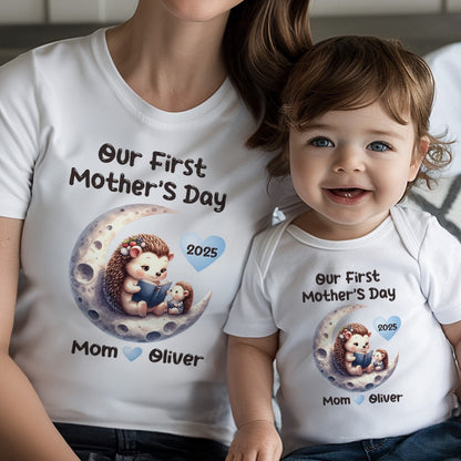 Custom Name Our First Mother's Day Parent-Child Matching Shirts, Animals Reading on Moon Design Mom T-Shirt & Baby Bodysuit Set, Gift for Baby/New Mom