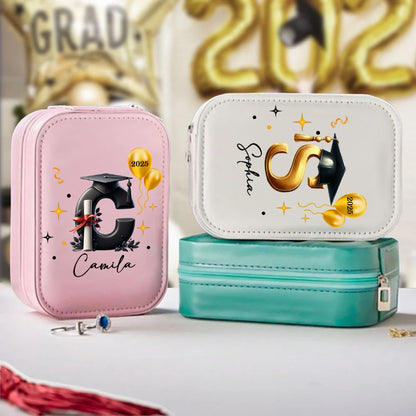Custom Name Graduation Cap Alphabet Makeup Box with Three-Color Adjustment LED Light Mirror, Travel Jewelry Makeup Box, Graduation Gift for Her/Bestie