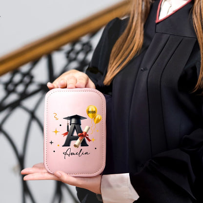 Custom Name Graduation Cap Alphabet Makeup Box with Three-Color Adjustment LED Light Mirror, Travel Jewelry Makeup Box, Graduation Gift for Her/Bestie