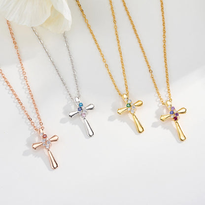 Personalized Birthstone Cross Necklace, Dainty Sterling Silver Crucifix Necklace, Christening/First Communion Gift, Gift for Family/Friend/Women