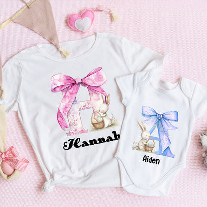 Personalized Name Parent-Child Matching Shirts, Bow Alphabet and Bunny Design Cotton Mom T-Shirt & Baby Bodysuit Set, Easter Gift for Baby/New Mom