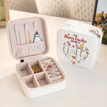 Personalized Names & Birth Flowers Grandma's Garden Jewelry Box, Leather Travel Jewelry Case, Birthday/Mother's Day/Anniversary Gift for Mom/Grandma