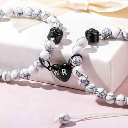 Custom Initials Photo Projection Matching Heart Bracelets, Natural Stone Magnetic Bracelets Set of 2, Valentine's Day/Anniversary Gift for Couple/BFF