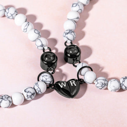 Custom Initials Photo Projection Matching Heart Bracelets, Natural Stone Magnetic Bracelets Set of 2, Valentine's Day/Anniversary Gift for Couple/BFF