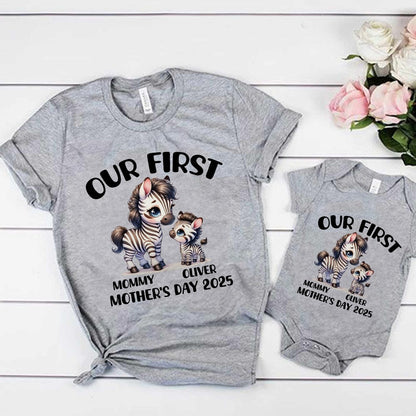 Custom Name Our First Mother's Day Parent-Child Matching Shirts, Animal Mama & Kid Design Mom T-Shirt & Baby Bodysuit Set, Gift for Newborns/New Mom