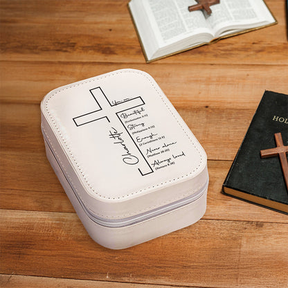 Custom Name Cross Makeup Box with Three-Color LED Light Mirror, Inspirational Bible Verses Travel Makeup Jewelry Box, Birthday/Baptism Gift for Women