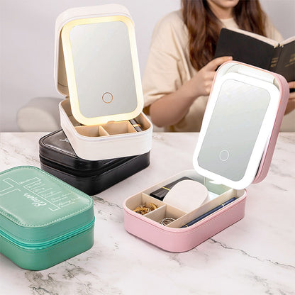 Custom Name Cross Makeup Box with Three-Color LED Light Mirror, Inspirational Bible Verses Travel Makeup Jewelry Box, Birthday/Baptism Gift for Women