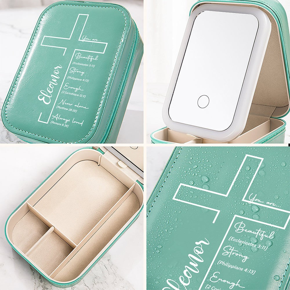 Custom Name Cross Makeup Box with Three-Color LED Light Mirror, Inspirational Bible Verses Travel Makeup Jewelry Box, Birthday/Baptism Gift for Women