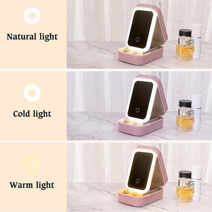 Custom Name Cross Makeup Box with Three-Color LED Light Mirror, Inspirational Bible Verses Travel Makeup Jewelry Box, Birthday/Baptism Gift for Women