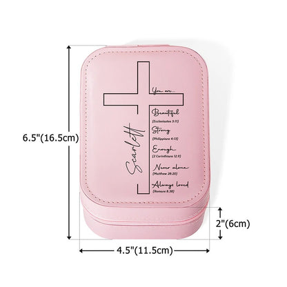 Custom Name Cross Makeup Box with Three-Color LED Light Mirror, Inspirational Bible Verses Travel Makeup Jewelry Box, Birthday/Baptism Gift for Women