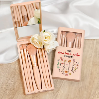 Custom Names & Birth Flowers Grandma's Garden Makeup Brushes Box Set with Mirror, Travel Makeup Pouch Brushes, Mother's Day Gift for Wife/Mom/Grandma