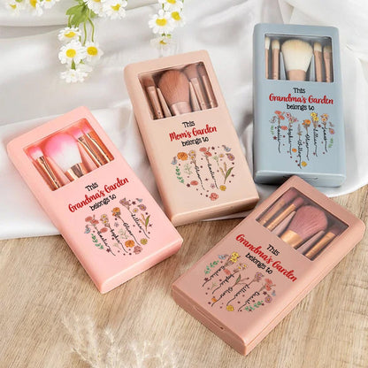Custom Names & Birth Flowers Grandma's Garden Makeup Brushes Box Set with Mirror, Travel Makeup Pouch Brushes, Mother's Day Gift for Wife/Mom/Grandma