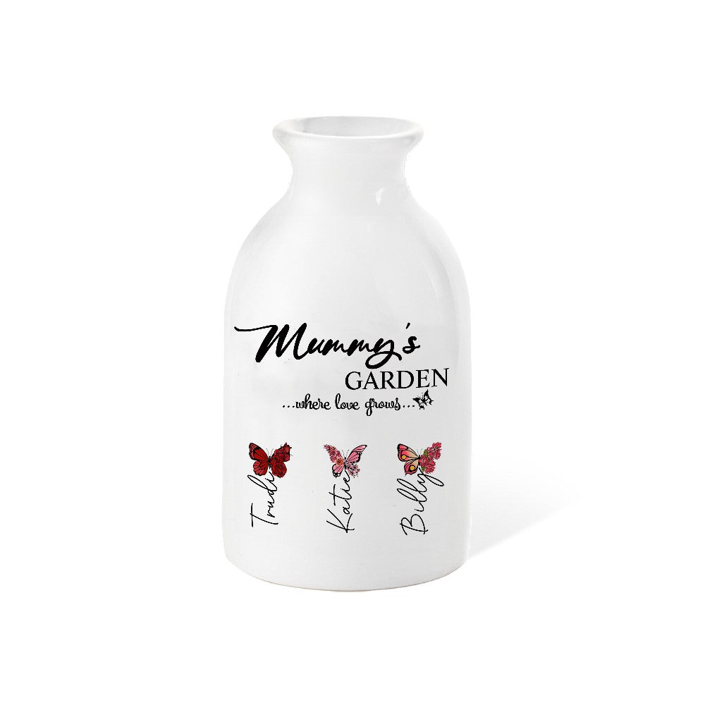 Custom Names Birth Month Butterflies of Grandma's Garden Vase, Women's Ceramic Mug Vase, Home Decor, Birthday/Mother's Day Gift for Her/Mom/Grandma