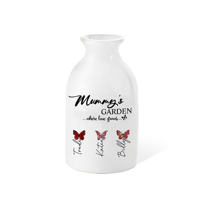 Custom Names Birth Month Butterflies of Grandma's Garden Vase, Women's Ceramic Mug Vase, Home Decor, Birthday/Mother's Day Gift for Her/Mom/Grandma