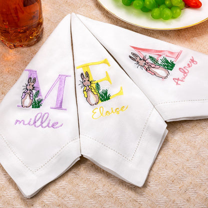 Personalized Name & Initial Embroidered Peter Rabbit Linen Napkin, Easter Party Dinner Napkin, Easter Table Decor, Easter Gift for Hostess/Mom/Family