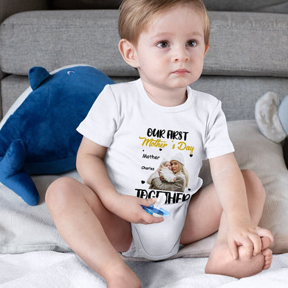 Personalized Name & Photo Our First Mother's Day Parent-Child Matching Shirts, 100% Cotton Mom T-Shirt & Baby Bodysuit Set, Gift for Newborns/New Mom