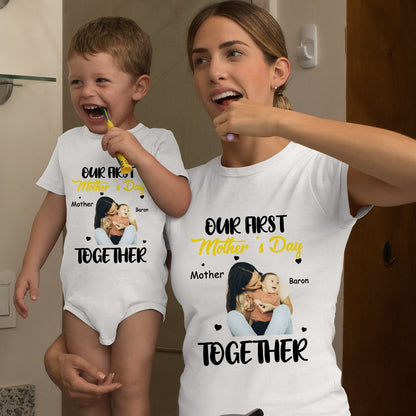 Personalized Name & Photo Our First Mother's Day Parent-Child Matching Shirts, 100% Cotton Mom T-Shirt & Baby Bodysuit Set, Gift for Newborns/New Mom