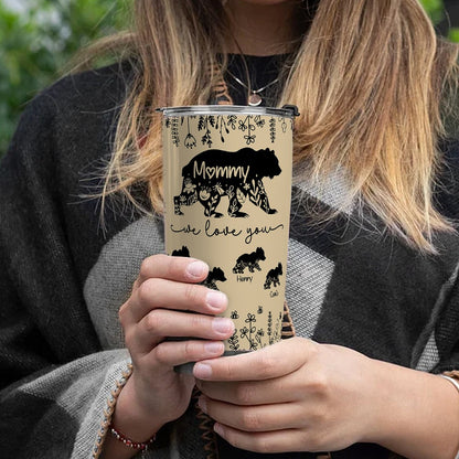 Personalized Names Floral Mama Bear & Cubs Tumbler, Stainless Steel 20oz Travel Mug with Straw & Lid, Birthday/Mother's Day Gift for Her/Mom/Grandma