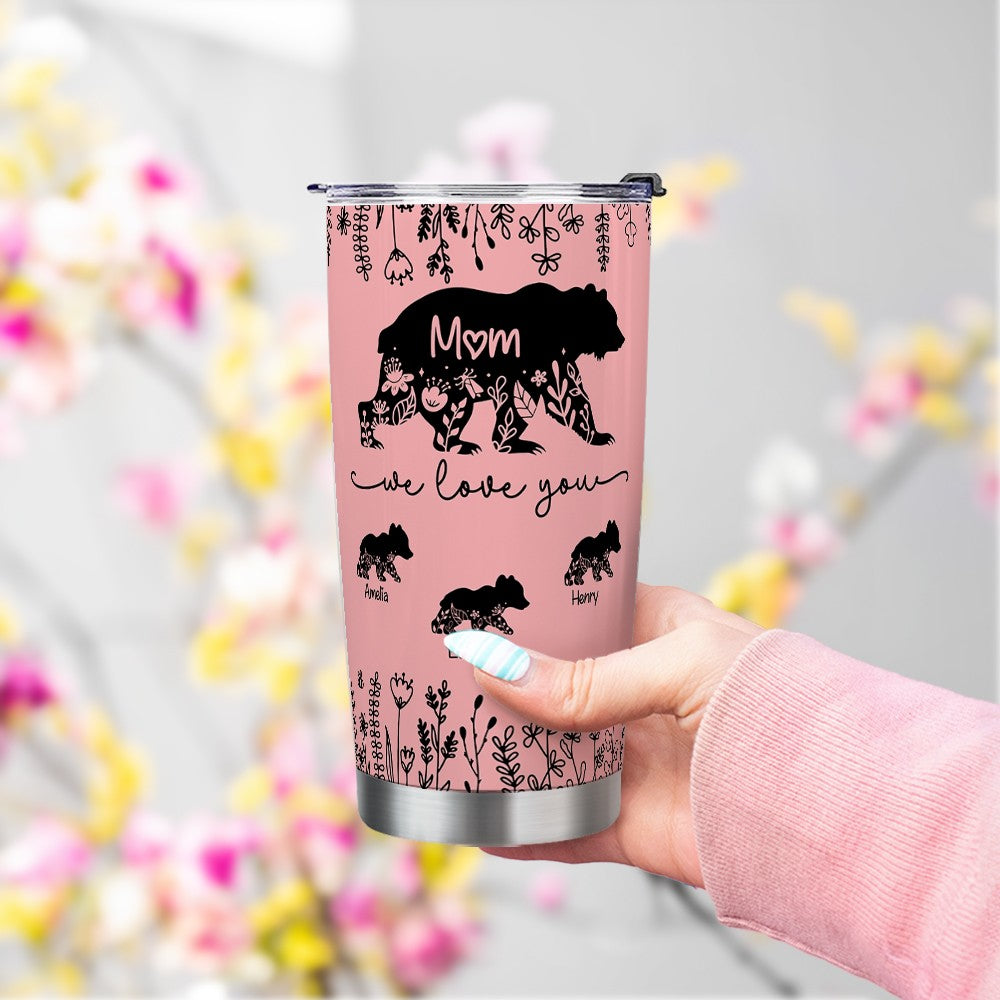 Personalized Names Floral Mama Bear & Cubs Tumbler, Stainless Steel 20oz Travel Mug with Straw & Lid, Birthday/Mother's Day Gift for Her/Mom/Grandma