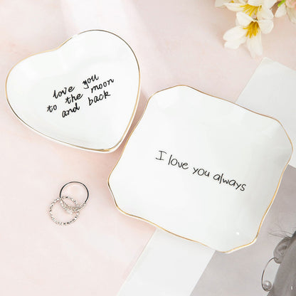 Personalized Jewelry Dish with Text/Handwriting Photo, Ceramic Trinket Ring Dish Tray, Mother's Day/Birthday/Wedding Gift for Family/Friends/Newlyweds