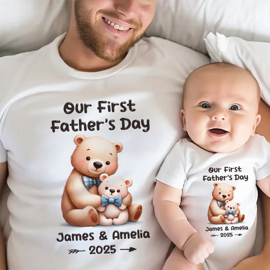 Custom Name Our First Father's Day Parent-Child Matching Shirts, Animal Papa & Kid Design Dad T-Shirt & Baby Bodysuit Set, Gift for Newborns/New Dad