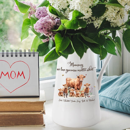 Personalized Name Highland Cow Mom & Kids Flower Vase, Women's Ceramic Mug Vase, Home Decor, Birthday/Mother's Day Gift for Her/Mom/Grandma