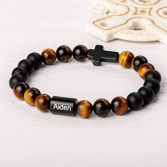 Custom Engraved Cross Beaded Bracelet, Adjustable Men's Natural Stone Christian Bracelet, Birthday/Christmas/Father's Day Gift for Him/Dad/Friends