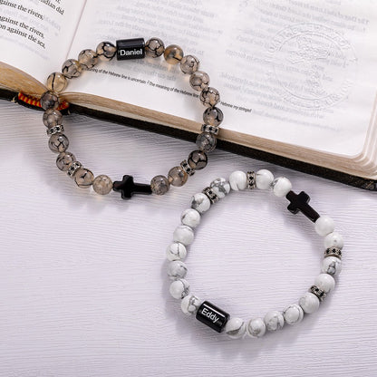 Custom Engraved Cross Beaded Bracelet, Adjustable Men's Natural Stone Christian Bracelet, Birthday/Christmas/Father's Day Gift for Him/Dad/Friends
