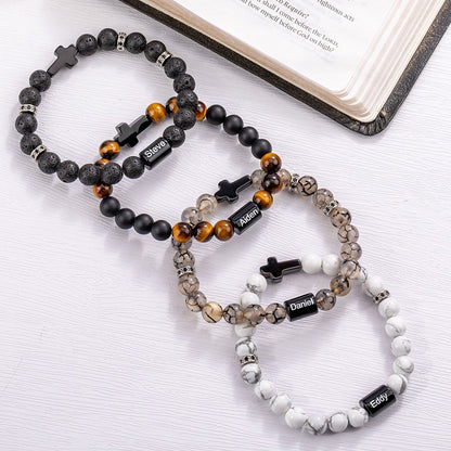 Custom Engraved Cross Beaded Bracelet, Adjustable Men's Natural Stone Christian Bracelet, Birthday/Christmas/Father's Day Gift for Him/Dad/Friends