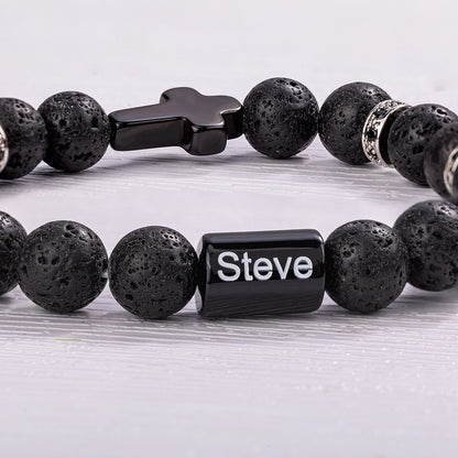 Custom Engraved Cross Beaded Bracelet, Adjustable Men's Natural Stone Christian Bracelet, Birthday/Christmas/Father's Day Gift for Him/Dad/Friends