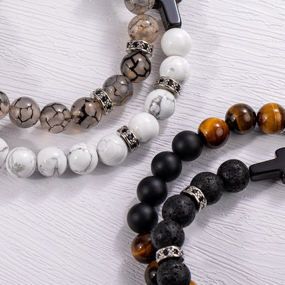 Custom Engraved Cross Beaded Bracelet, Adjustable Men's Natural Stone Christian Bracelet, Birthday/Christmas/Father's Day Gift for Him/Dad/Friends