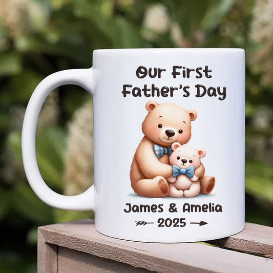 Custom Our First Father's Day Mug with Name, Cartoon Animal Papa & Kid Design Ceramic Mug, 11oz Two Tone Coffee Tea Cup, Father's Day Gift for New Dad