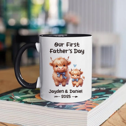 Custom Our First Father's Day Mug with Name, Cartoon Animal Papa & Kid Design Ceramic Mug, 11oz Two Tone Coffee Tea Cup, Father's Day Gift for New Dad
