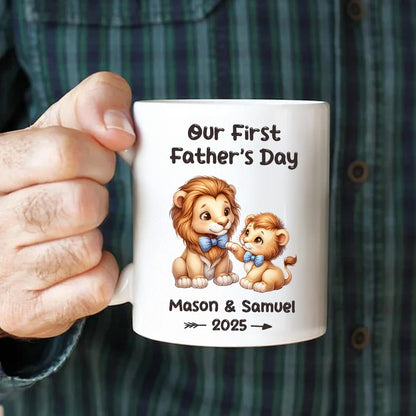 Custom Our First Father's Day Mug with Name, Cartoon Animal Papa & Kid Design Ceramic Mug, 11oz Two Tone Coffee Tea Cup, Father's Day Gift for New Dad