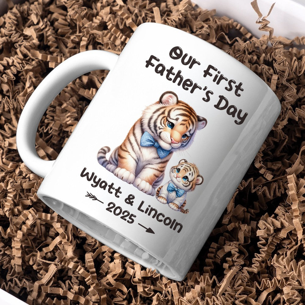 Custom Our First Father's Day Mug with Name, Cartoon Animal Papa & Kid Design Ceramic Mug, 11oz Two Tone Coffee Tea Cup, Father's Day Gift for New Dad