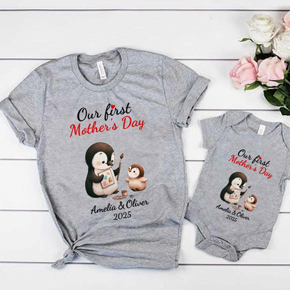 Custom Name Our First Mother's Day Parent-Child Matching Shirts, Penguin Mama & Kid Design Mom T-Shirt & Baby Bodysuit Set, Gift for Newborns/New Mom