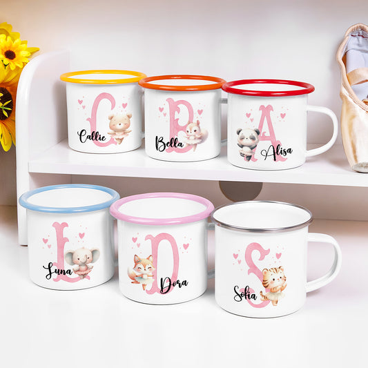 Personalized Name & Initial Cartoon Animal Ballerina Enamel Mug, Colorful 12oz Cup with Handle, Birthday/Christmas Gift for Girls/Ballet Lovers