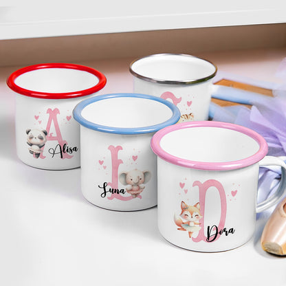 Personalized Name & Initial Cartoon Animal Ballerina Enamel Mug, Colorful 12oz Cup with Handle, Birthday/Christmas Gift for Girls/Ballet Lovers