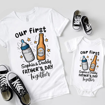 Custom Name Our First Father's Day Parent-Child Matching Shirts, Milk Bottle & Beer Mug Baby Onesie & Dad T-Shirt Set, Gift for Newborns/New Dad