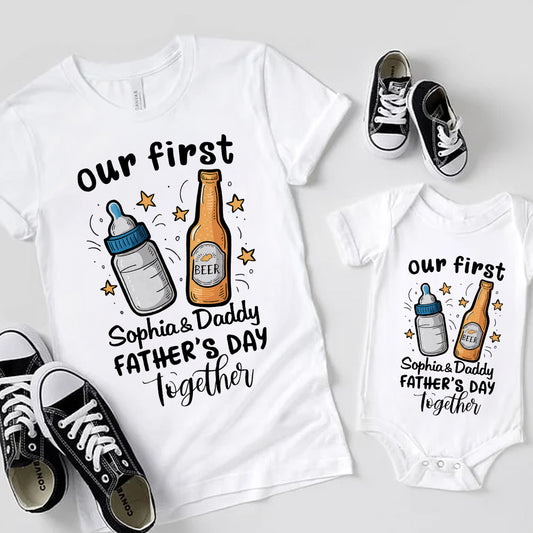Custom Name Our First Father's Day Parent-Child Matching Shirts, Milk Bottle & Beer Mug Baby Onesie & Dad T-Shirt Set, Gift for Newborns/New Dad