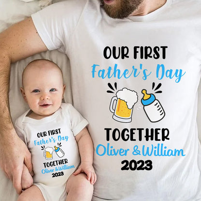 Custom Name Our First Father's Day Parent-Child Matching Shirts, Milk Bottle & Beer Mug Baby Onesie & Dad T-Shirt Set, Gift for Newborns/New Dad