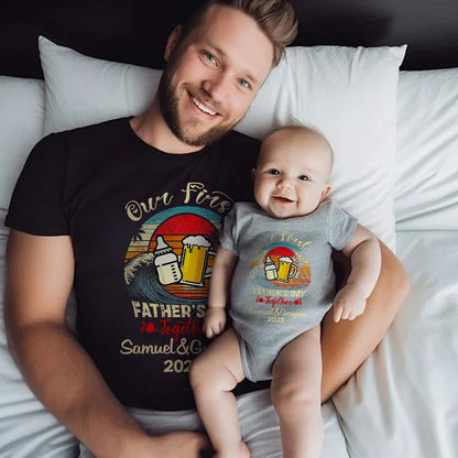 Custom Name Our First Father's Day Parent-Child Matching Shirts, Milk Bottle & Beer Mug Baby Onesie & Dad T-Shirt Set, Gift for Newborns/New Dad
