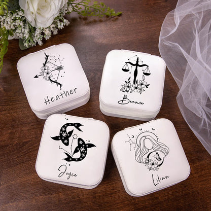 Personalized Birth Flower Zodiac Sign Jewelry Box with Name, PU Leather Travel Jewelry Case, Birthday/Christmas/Anniversary Gift for Women/Girls