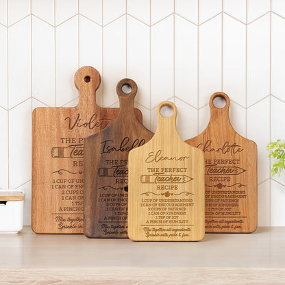 Personalized Name Engraved Perfect Teacher Recipe Cutting Board with Handle, Wooden Chopping Board, Teacher's Day/Appreciation Gift for Teachers