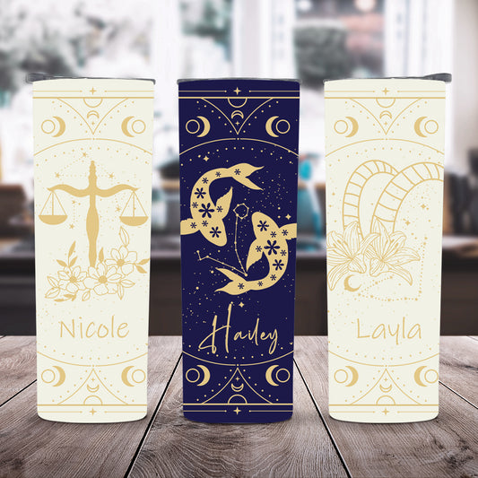 Personalized Zodiac Sign Flower Design Tumbler with Name, Stainless Steel 20oz Travel Mug with Straw, Birthday/Christmas Gift for Women/Girls/Friends