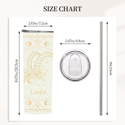 Personalized Zodiac Sign Flower Design Tumbler with Name, Stainless Steel 20oz Travel Mug with Straw, Birthday/Christmas Gift for Women/Girls/Friends