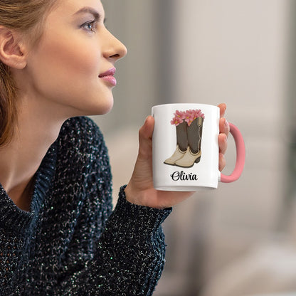 Personalized Name Cowgirl Birth Flower Mug, 11/16oz Floral Western Boots Glass Cup/Ceramic Mug, Birthday/Wedding Gift for Rodeo Girls/Bridesmaids