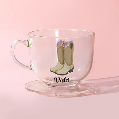 Personalized Name Cowgirl Birth Flower Mug, 11/16oz Floral Western Boots Glass Cup/Ceramic Mug, Birthday/Wedding Gift for Rodeo Girls/Bridesmaids