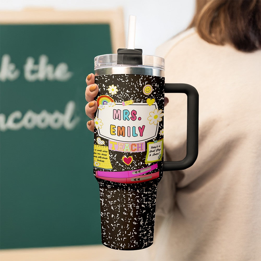 Personalized Name Composition Notebook Teacher's Tumbler, Stainless Steel 40oz Travel Mug with Handle, Back to School/Appreciation Gift for Teachers